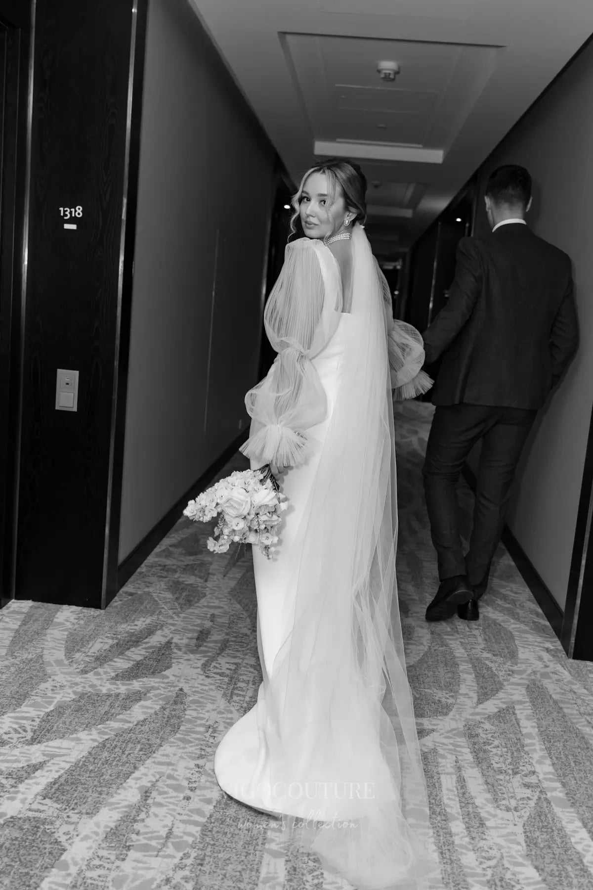 Wedding Dresses 2025 to impress Elegant Ivory Crepe Wedding Dress with Sheer Puff Sleeves, Square Neckline & Open Back – VW2595-vigocouture-vigocouture