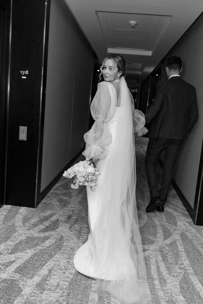 Wedding Dresses 2025 to impress Elegant Ivory Crepe Wedding Dress with Sheer Puff Sleeves, Square Neckline & Open Back – VW2595-vigocouture-vigocouture