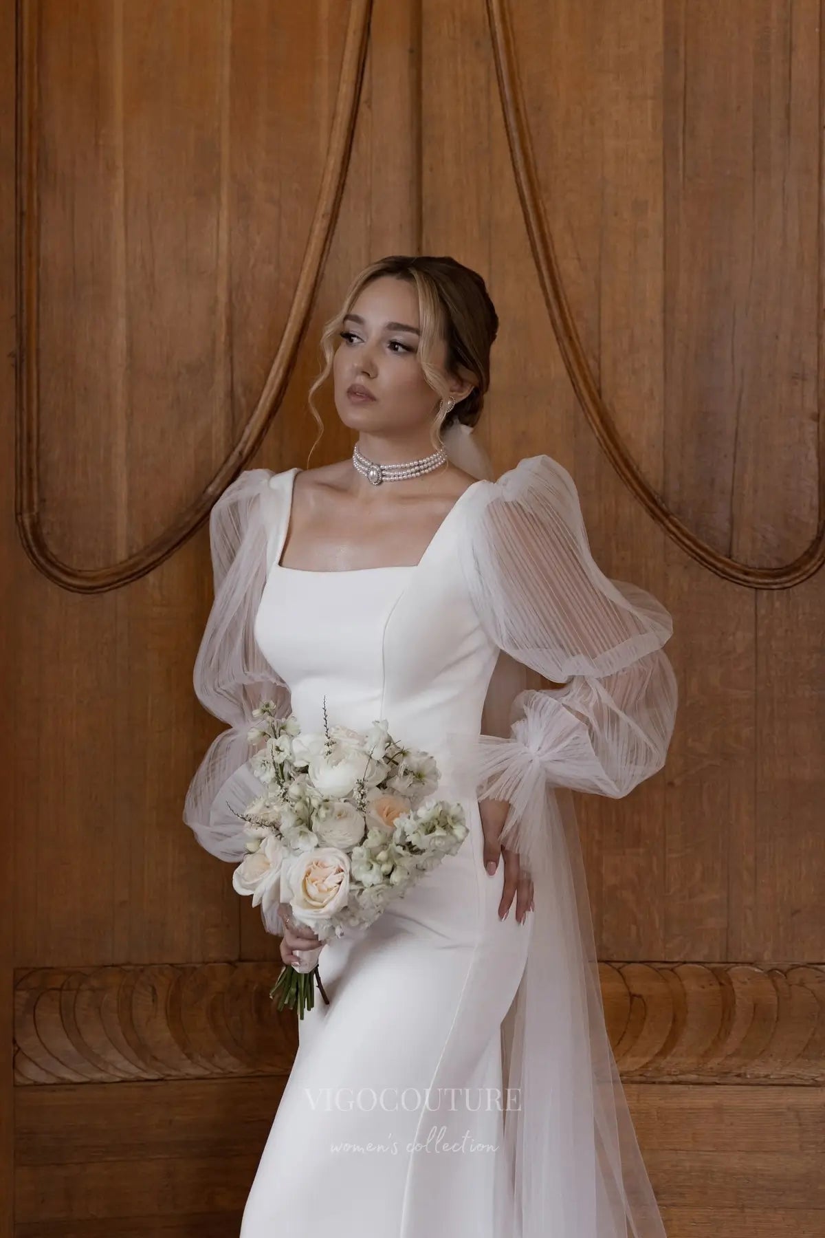 Wedding Dresses 2025 to impress Elegant Ivory Crepe Wedding Dress with Sheer Puff Sleeves, Square Neckline & Open Back – VW2595-vigocouture-vigocouture