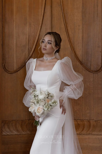 Wedding Dresses 2025 to impress Elegant Ivory Crepe Wedding Dress with Sheer Puff Sleeves, Square Neckline & Open Back – VW2595-vigocouture-vigocouture