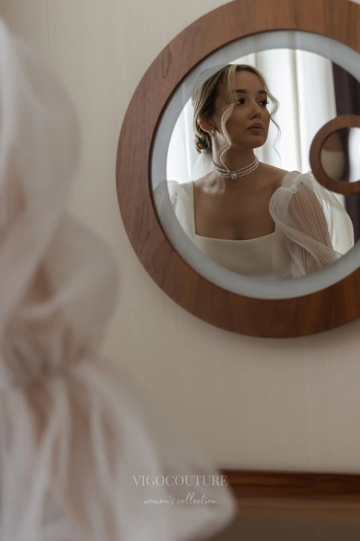 Wedding Dresses 2025 to impress Elegant Ivory Crepe Wedding Dress with Sheer Puff Sleeves, Square Neckline & Open Back – VW2595-vigocouture-vigocouture