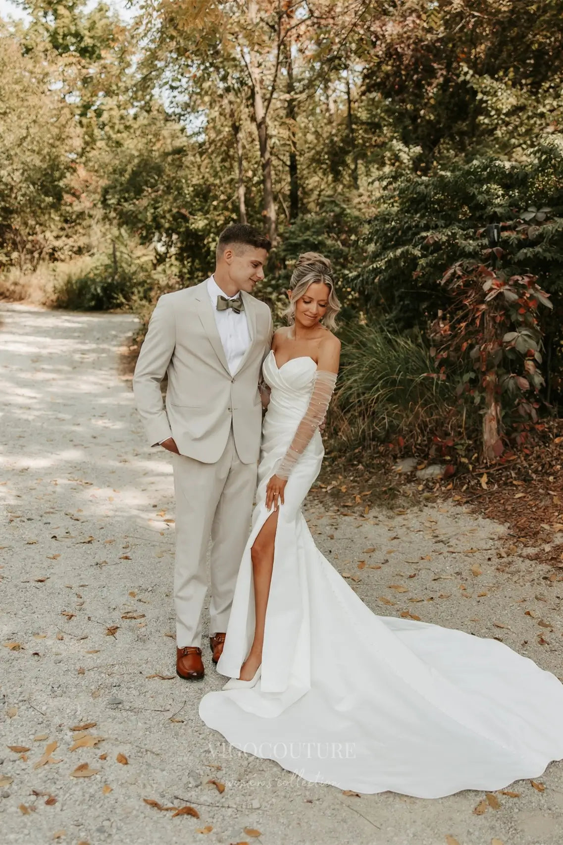 Elegant Ivory Satin Mermaid Wedding Dress with Sheer Corset & Optional Sleeves – W2355 – vigocouture