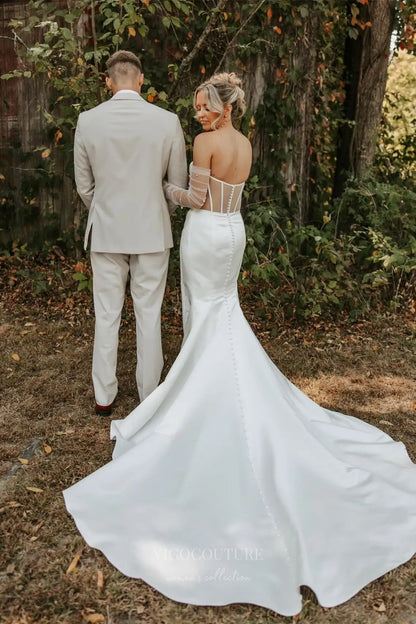 Wedding Dresses 2025 to impress Elegant Ivory Satin Mermaid Wedding Dress with Sheer Corset Back, Optional Tulle Pearl Sleeves & High Slit – W2355-vigocouture-vigocouture