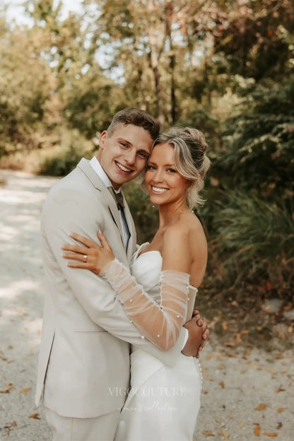 Wedding Dresses 2025 to impress Elegant Ivory Satin Mermaid Wedding Dress with Sheer Corset Back, Optional Tulle Pearl Sleeves & High Slit – W2355-vigocouture-vigocouture