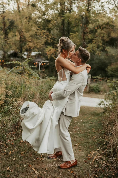 Elegant Ivory Satin Mermaid Wedding Dress with Sheer Corset Back, Optional Tulle Pearl Sleeves & High Slit – W2355