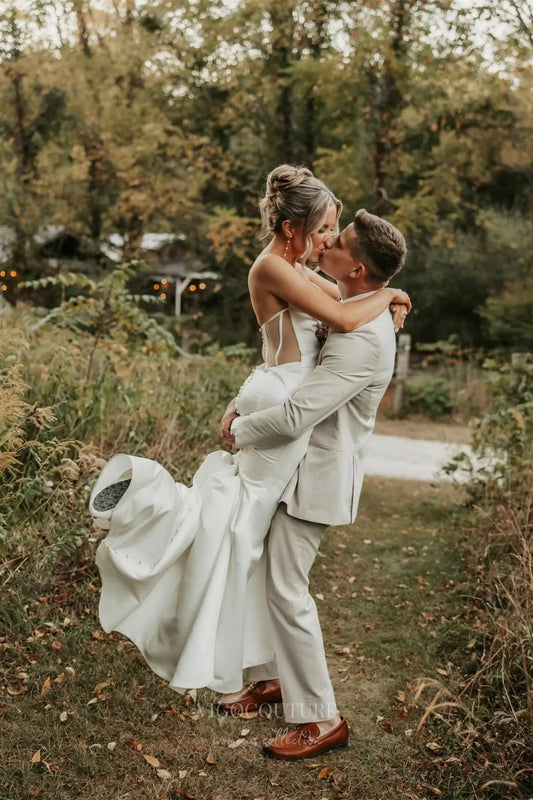 Elegant Ivory Satin Mermaid Wedding Dress with Sheer Corset Back, Optional Tulle Pearl Sleeves & High Slit – W2355