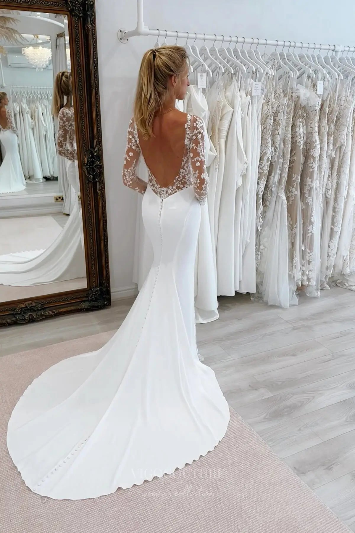 Wedding Dresses 2025 to impress Elegant Minimalist Crepe Mermaid Wedding Dress with Illusion Lace Sleeves and Open Back – W2363-vigocouture-vigocouture