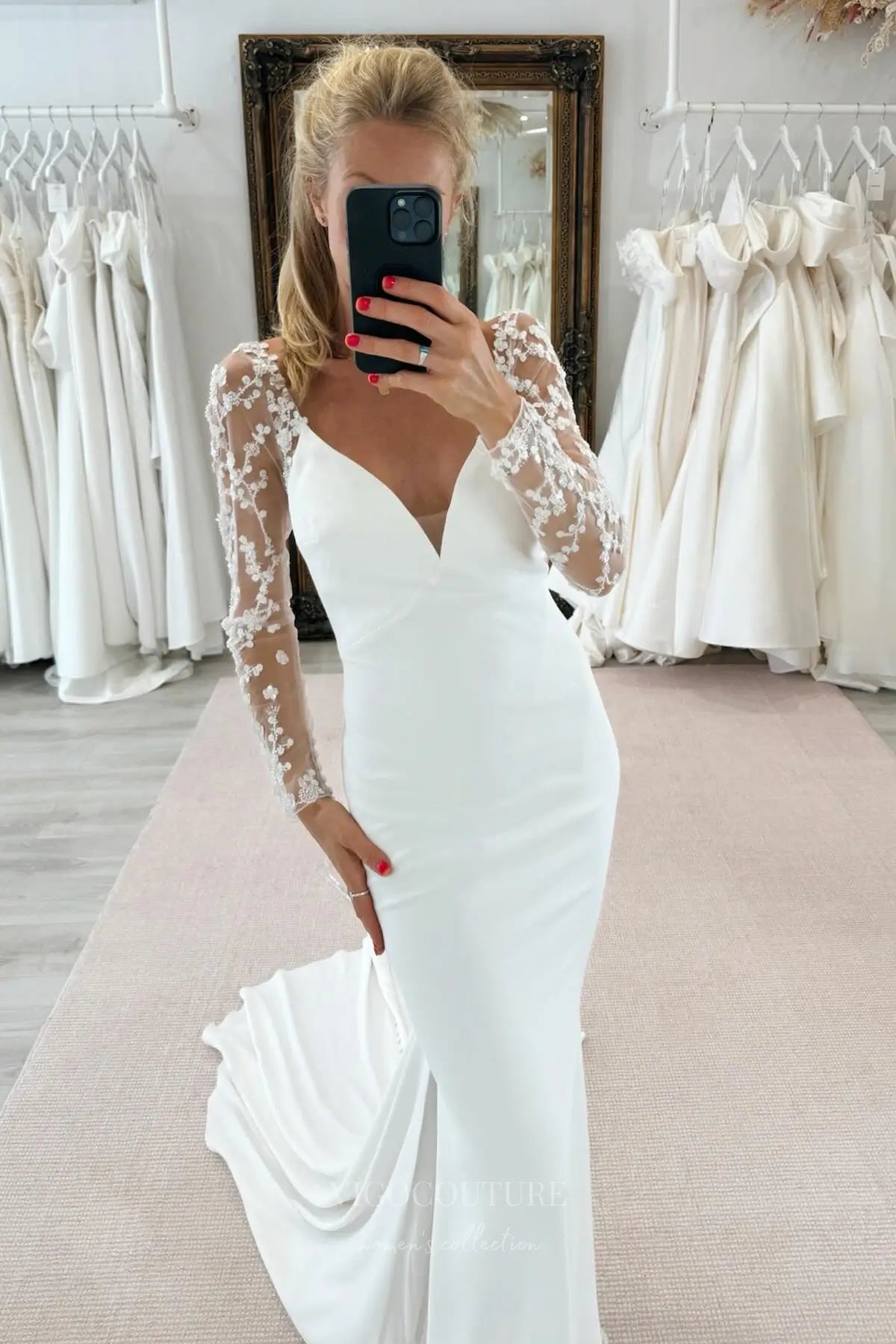 Elegant Minimalist Crepe Mermaid Wedding Dress with Illusion Lace Sleeves and Open Back – W2363