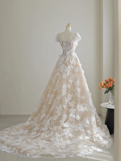Wedding Dresses 2025 to impress Elegant Off-Shoulder A-Line Lace Wedding Dress with Floral Embroidery | Style RD003-vigocouture-vigocouture