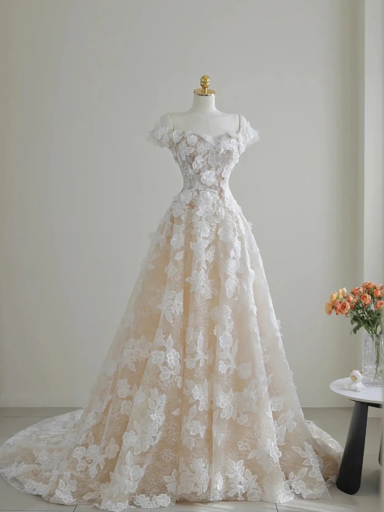 Wedding Dresses 2025 to impress Elegant Off-Shoulder A-Line Lace Wedding Dress with Floral Embroidery | Style RD003-vigocouture-Ivory-Custom Size-vigocouture