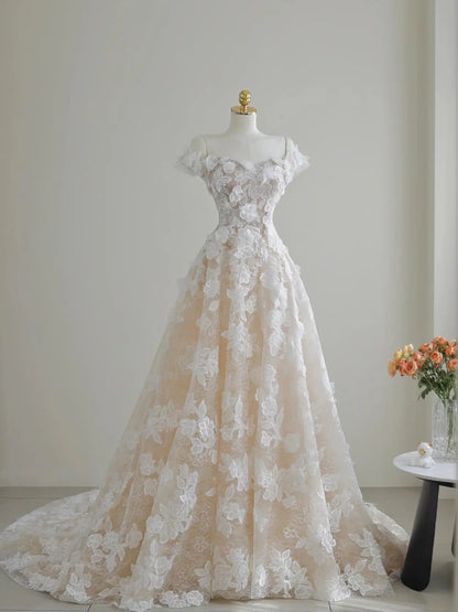 Wedding Dresses 2025 to impress Elegant Off-Shoulder A-Line Lace Wedding Dress with Floral Embroidery | Style RD003-vigocouture-Ivory-Custom Size-vigocouture