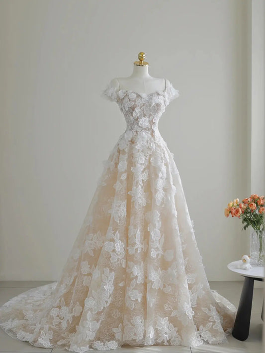 Wedding Dresses 2025 to impress Elegant Off-Shoulder A-Line Lace Wedding Dress with Floral Embroidery | Style RD003-vigocouture-Ivory-Custom Size-vigocouture