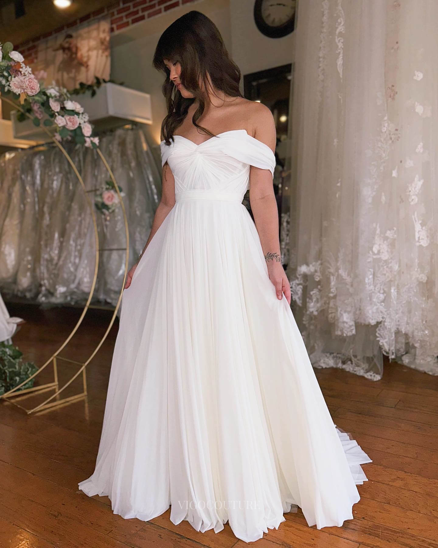 Elegant Off the Shoulder Chiffon Wedding Dress Minimalist Outdoor Bridal Gown W0163-Wedding Dresses-vigocouture-Ivory-US2-vigocouture