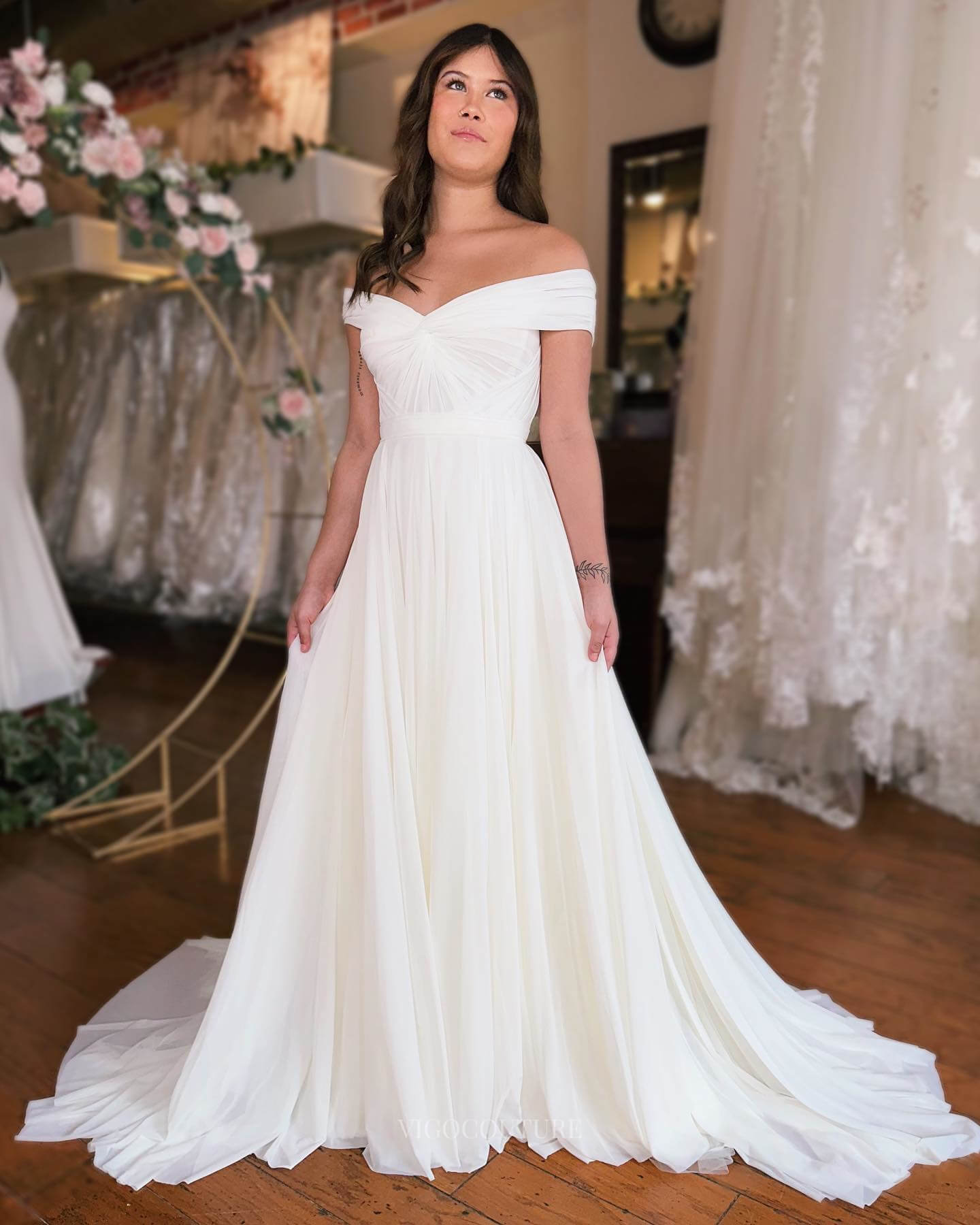 Elegant Off the Shoulder Chiffon Wedding Dress Minimalist Outdoor Bridal Gown W0163-Wedding Dresses-vigocouture-Ivory-US2-vigocouture