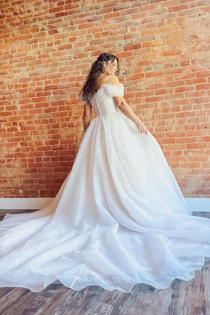 Wedding Dresses 2025 to impress Elegant Off-the-Shoulder Organza Plus Size Wedding Dress with Ruched Bodice and Chapel Train – W2359-vigocouture-vigocouture