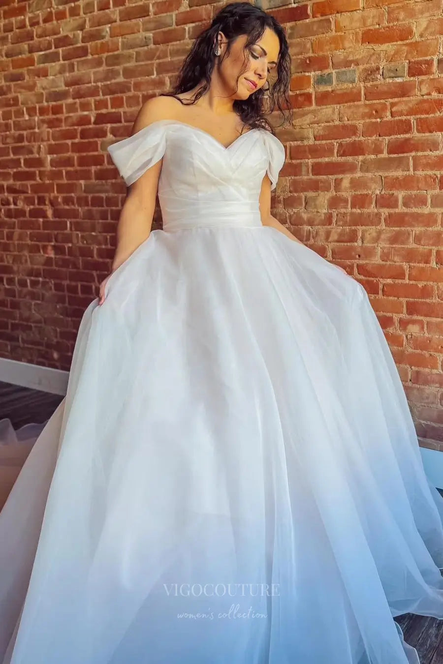 Wedding Dresses 2025 to impress Elegant Off-the-Shoulder Organza Plus Size Wedding Dress with Ruched Bodice and Chapel Train – W2359-vigocouture-vigocouture