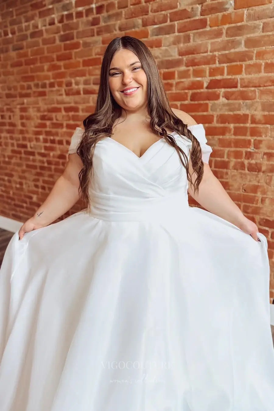 Wedding Dresses 2025 to impress Elegant Off-the-Shoulder Organza Plus Size Wedding Dress with Ruched Bodice and Chapel Train – W2359-vigocouture-vigocouture