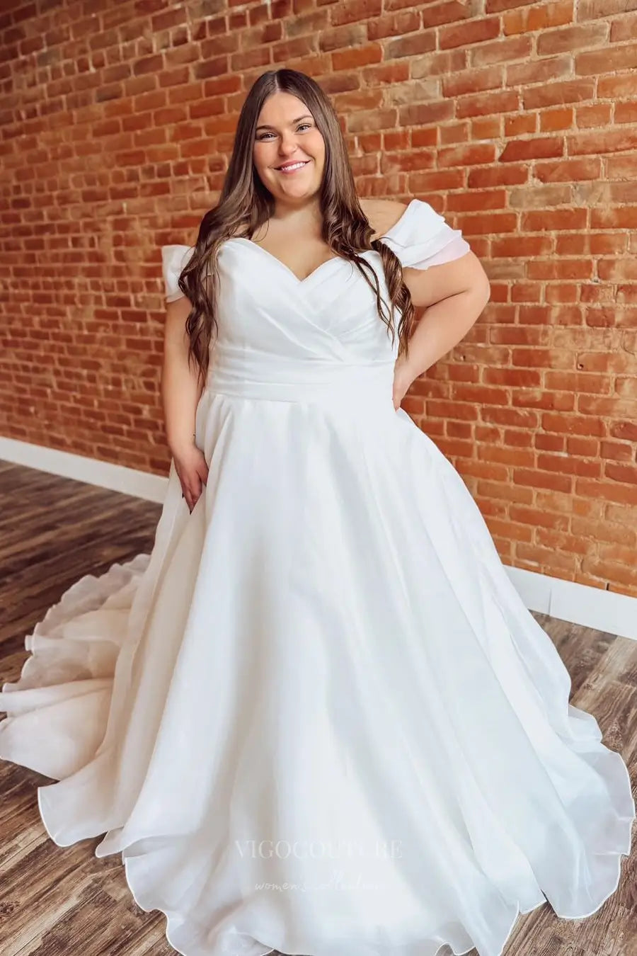 Elegant Off-the-Shoulder Organza Wedding Dress with Ruched Bodice and Chapel Train – W2359