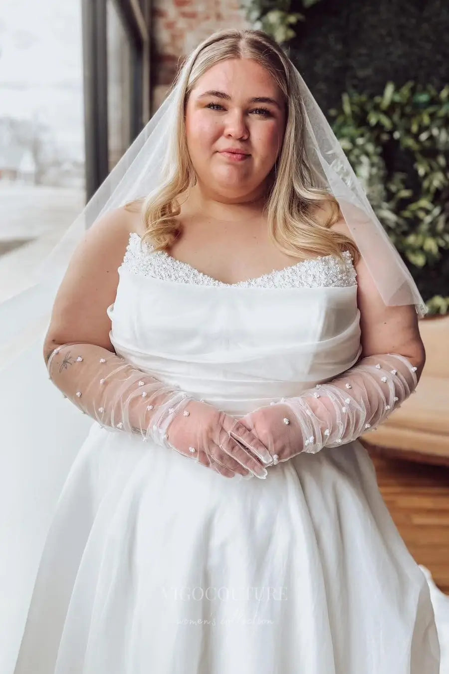 Wedding Dresses 2025 to impress Elegant Plus Size Organza Wedding Dress with Ruched Bodice, Beaded Neckline & Chapel Train – W2619-vigocouture-vigocouture