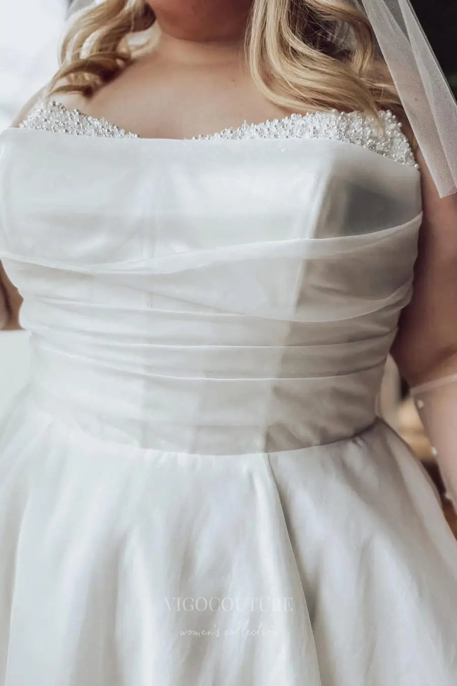 Wedding Dresses 2025 to impress Elegant Plus Size Organza Wedding Dress with Ruched Bodice, Beaded Neckline & Chapel Train – W2619-vigocouture-vigocouture