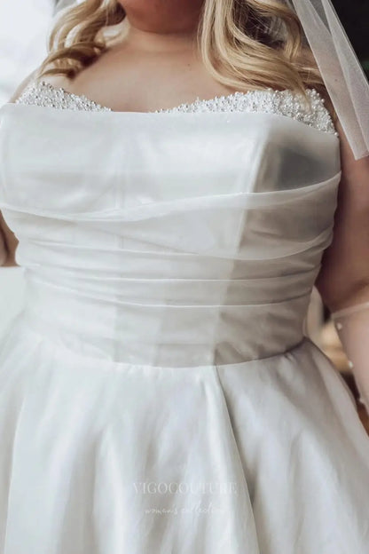 Wedding Dresses 2025 to impress Elegant Plus Size Organza Wedding Dress with Ruched Bodice, Beaded Neckline & Chapel Train – W2619-vigocouture-vigocouture