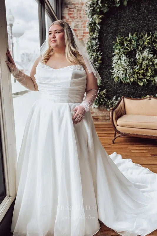 Elegant Plus Size Organza Wedding Dress with Ruched Bodice, Beaded Neckline & Chapel Train – W2619