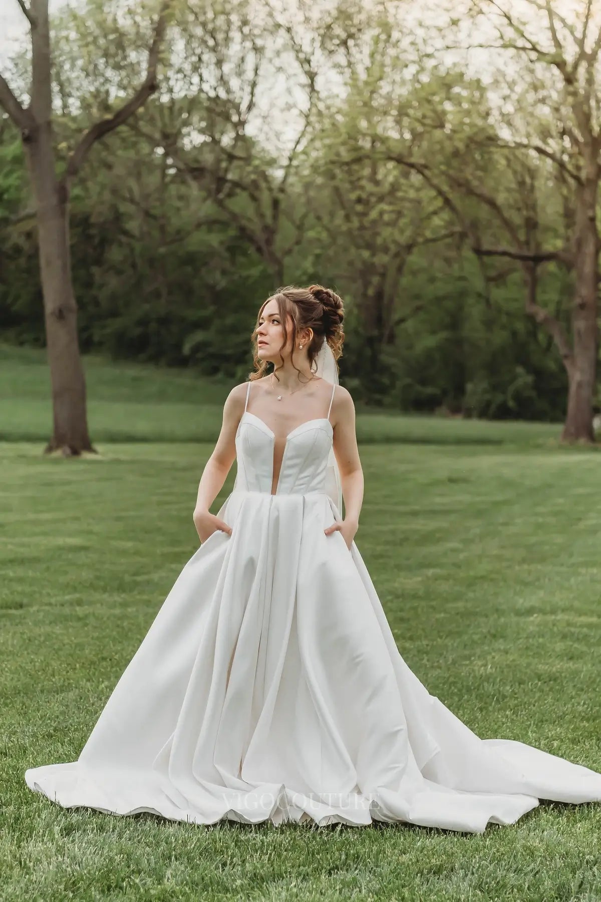 Wedding Dresses 2025 to impress Elegant Satin A-Line Wedding Dress with Spaghetti Straps, Plunging Neckline, Bow Back & Pockets – W2615-vigocouture-vigocouture