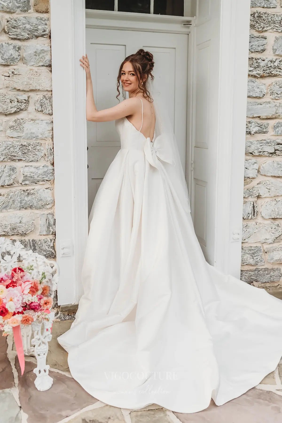 Wedding Dresses 2025 to impress Elegant Satin A-Line Wedding Dress with Spaghetti Straps, Plunging Neckline, Bow Back & Pockets – W2615-vigocouture-vigocouture