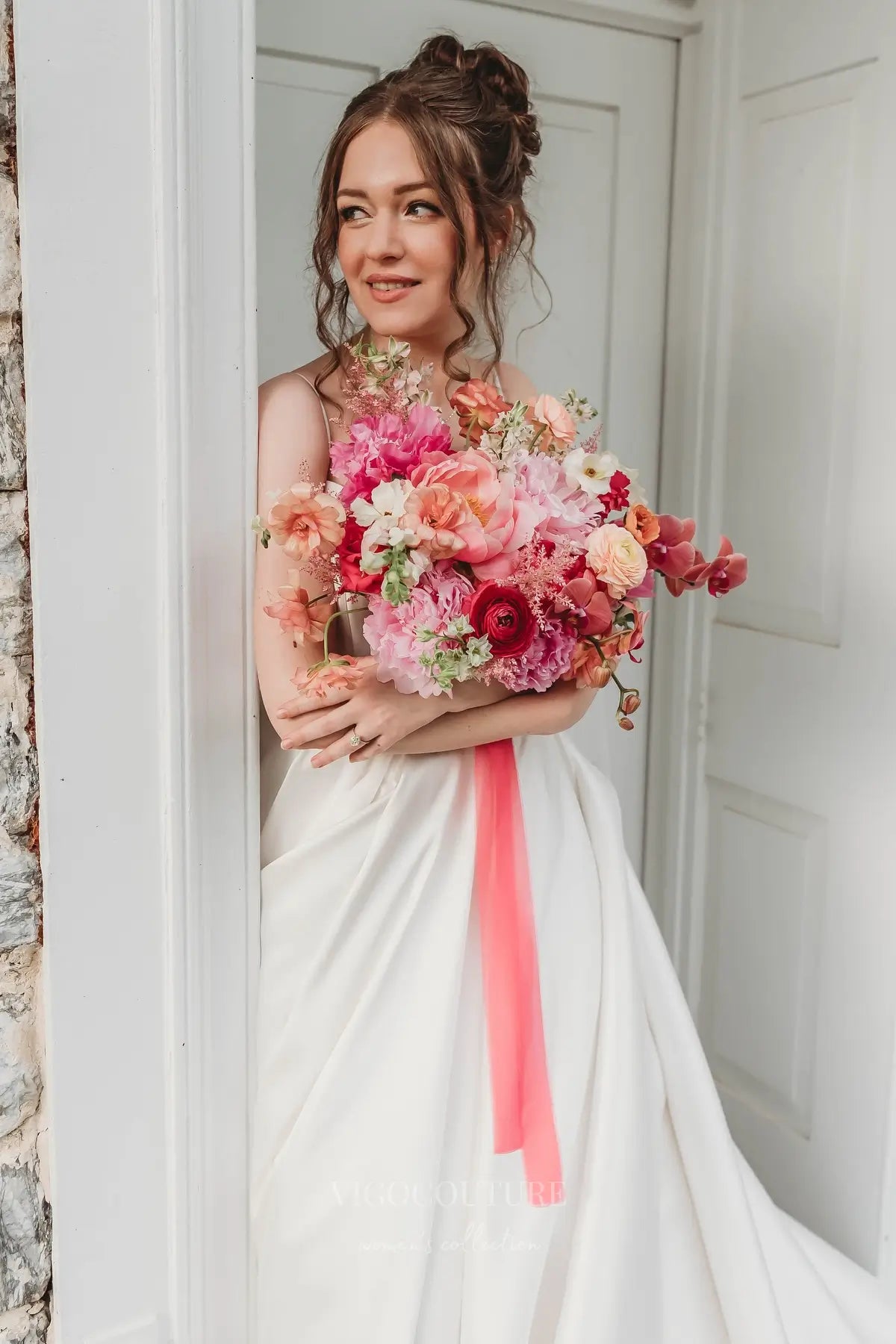 Wedding Dresses 2025 to impress Elegant Satin A-Line Wedding Dress with Spaghetti Straps, Plunging Neckline, Bow Back & Pockets – W2615-vigocouture-vigocouture