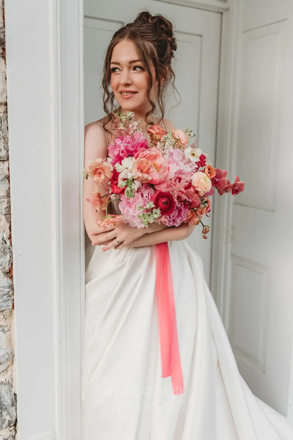 Wedding Dresses 2025 to impress Elegant Satin A-Line Wedding Dress with Spaghetti Straps, Plunging Neckline, Bow Back & Pockets – W2615-vigocouture-vigocouture