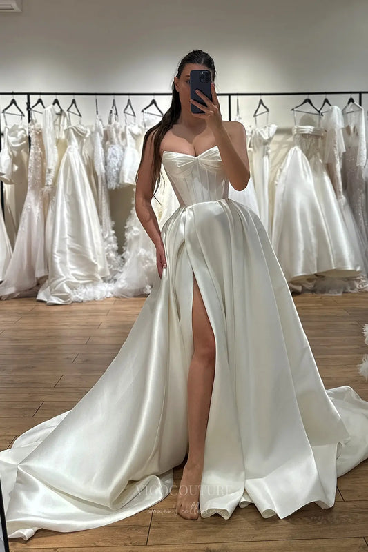 Elegant Satin Ball Gown Wedding Dress with Boned Corset Bodice, Sweetheart Neckline & High Slit – W2618