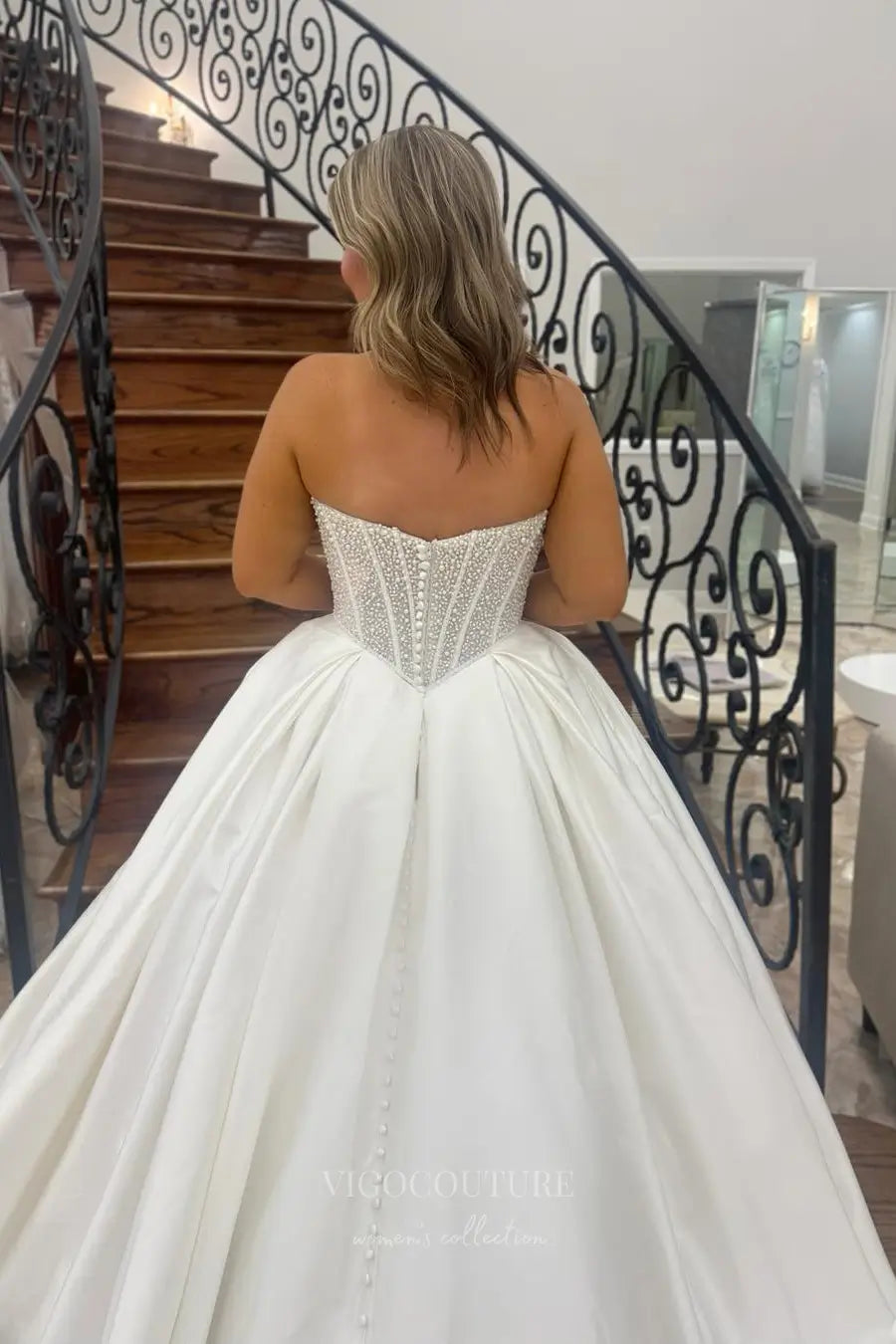 Wedding Dresses 2025 to impress Elegant Satin Ball Gown Wedding Dress with Pearl Beaded Bodice and Deep Sweetheart Neckline – W2601-vigocouture-vigocouture