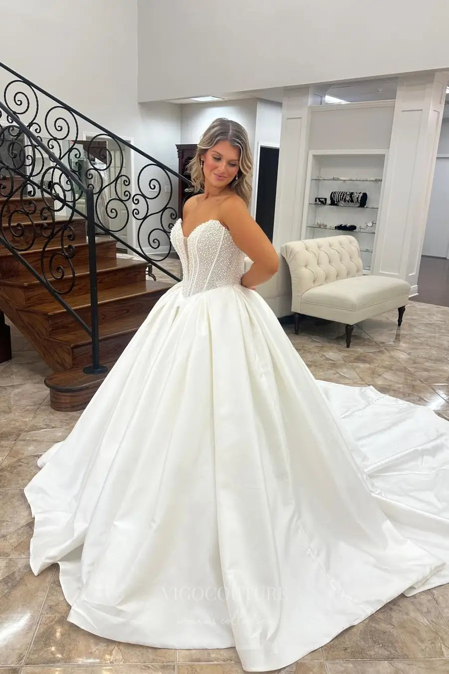 Wedding Dresses 2025 to impress Elegant Satin Ball Gown Wedding Dress with Pearl Beaded Bodice and Deep Sweetheart Neckline – W2601-vigocouture-vigocouture