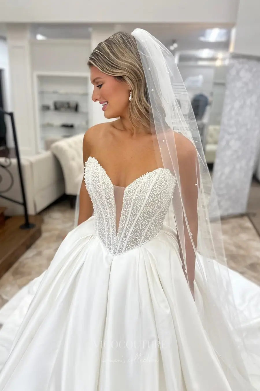 Wedding Dresses 2025 to impress Elegant Satin Ball Gown Wedding Dress with Pearl Beaded Bodice and Deep Sweetheart Neckline – W2601-vigocouture-vigocouture