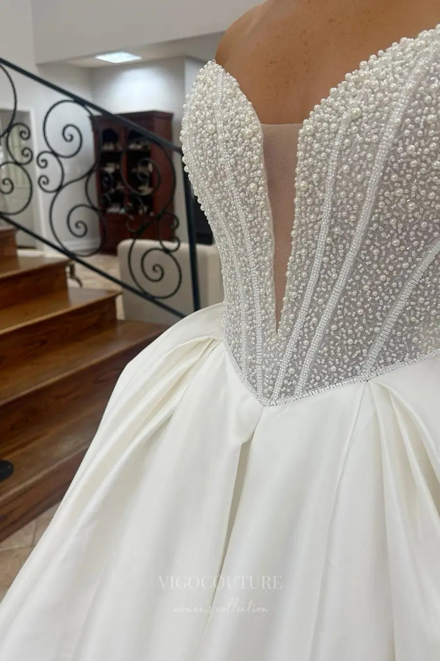 Wedding Dresses 2025 to impress Elegant Satin Ball Gown Wedding Dress with Pearl Beaded Bodice and Deep Sweetheart Neckline – W2601-vigocouture-vigocouture