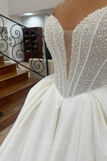Wedding Dresses 2025 to impress Elegant Satin Ball Gown Wedding Dress with Pearl Beaded Bodice and Deep Sweetheart Neckline – W2601-vigocouture-vigocouture