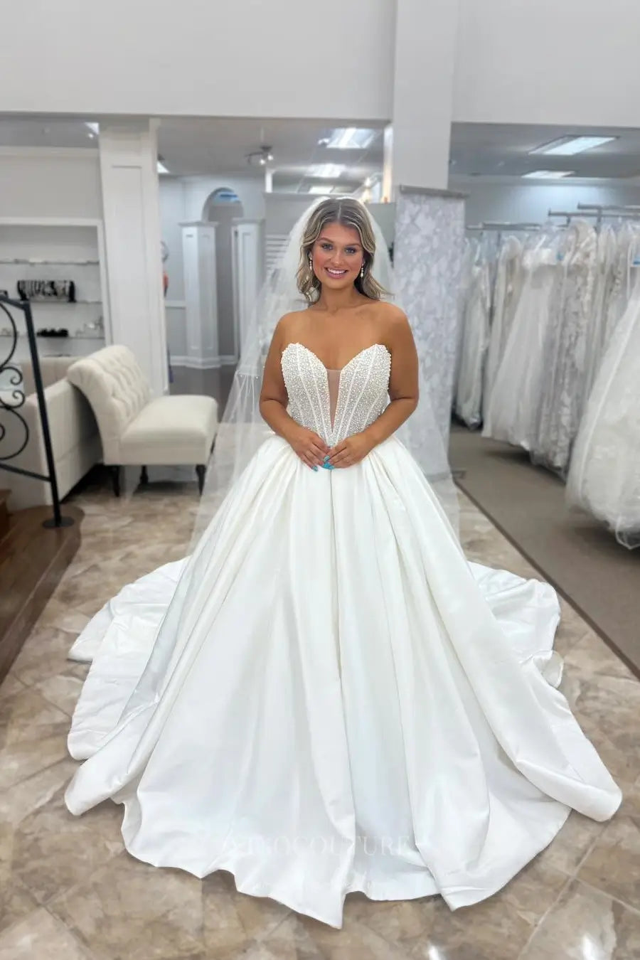 Elegant Satin Ball Gown Wedding Dress with Pearl Beaded Bodice and Deep Sweetheart Neckline – W2601