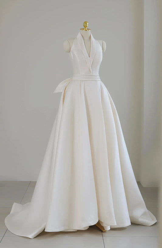 Wedding Dresses 2025 to impress Elegant Satin Halter Wedding Gown with Full Overskirt and Bow Back Detail – Style RD004-vigocouture-Ivory-Custom Size-vigocouture