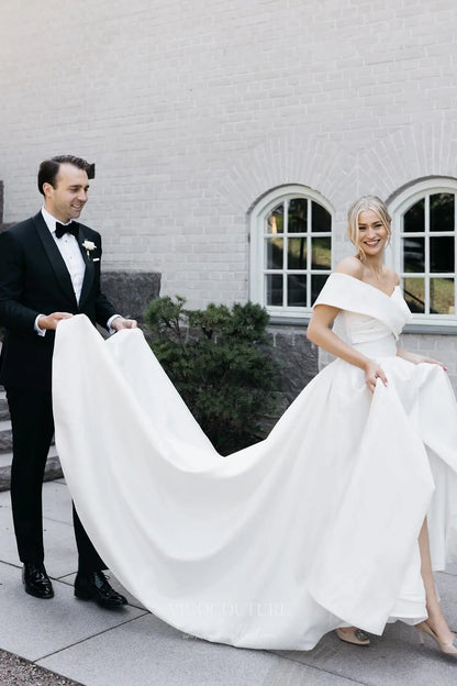 Wedding Dresses 2025 to impress Elegant Satin Off-Shoulder Wedding Dress with Pleated Bodice & Front Slit – W2605-vigocouture-vigocouture