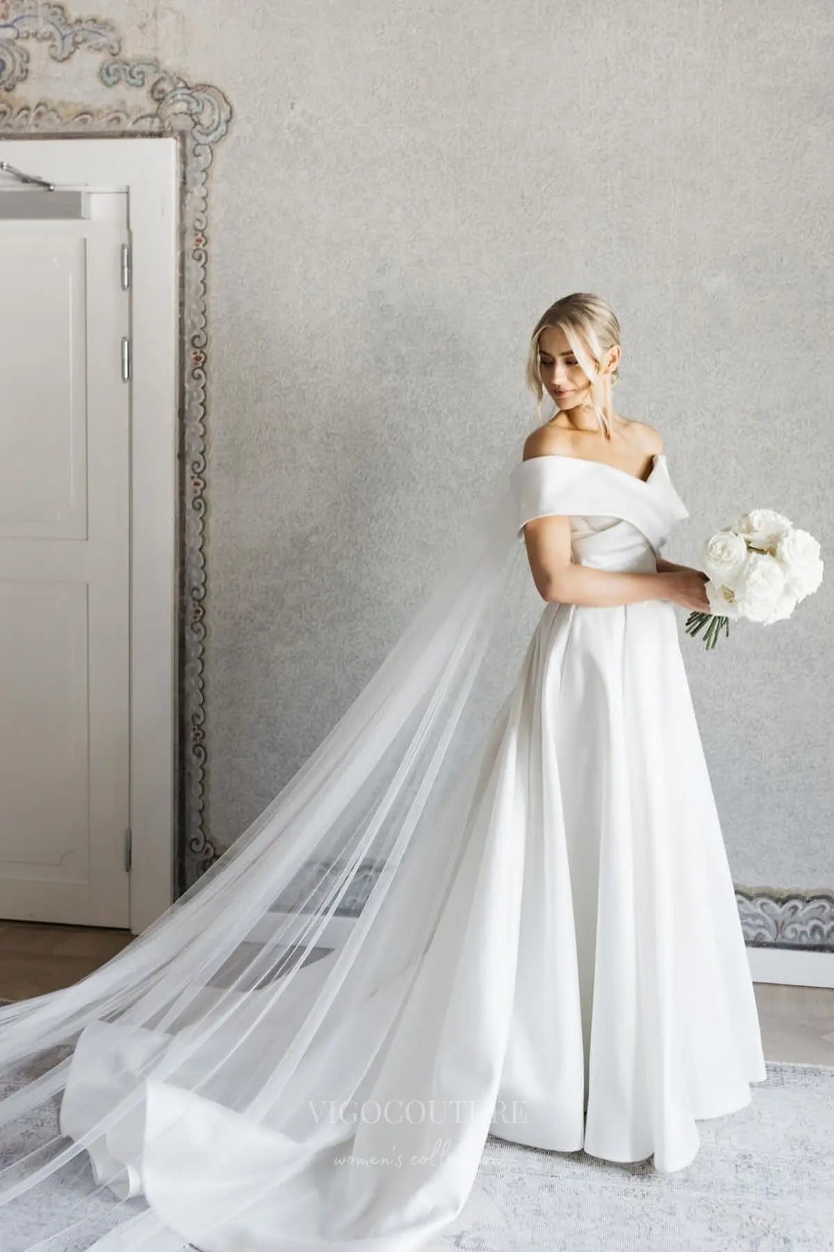 Wedding Dresses 2025 to impress Elegant Satin Off-Shoulder Wedding Dress with Pleated Bodice & Front Slit – W2605-vigocouture-vigocouture