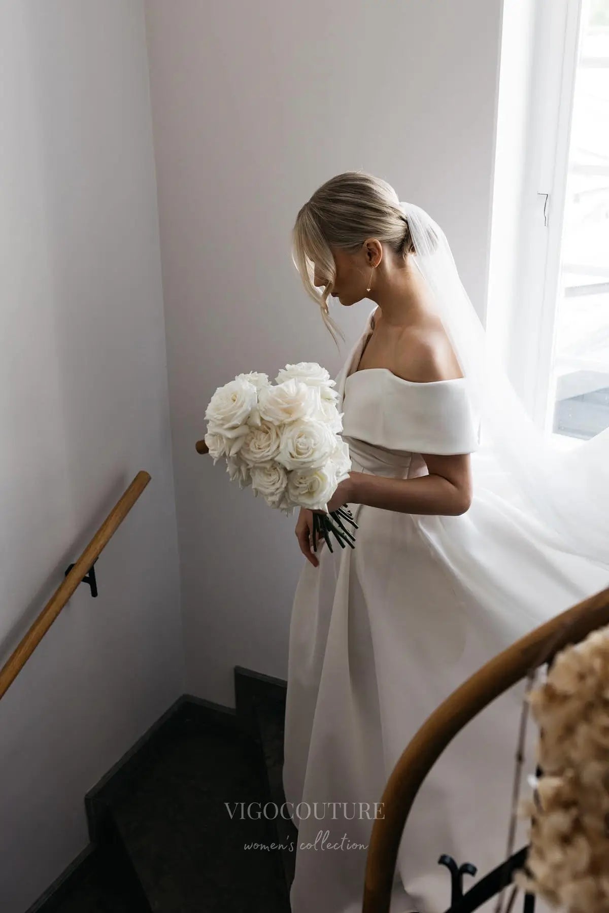 Wedding Dresses 2025 to impress Elegant Satin Off-Shoulder Wedding Dress with Pleated Bodice & Front Slit – W2605-vigocouture-vigocouture