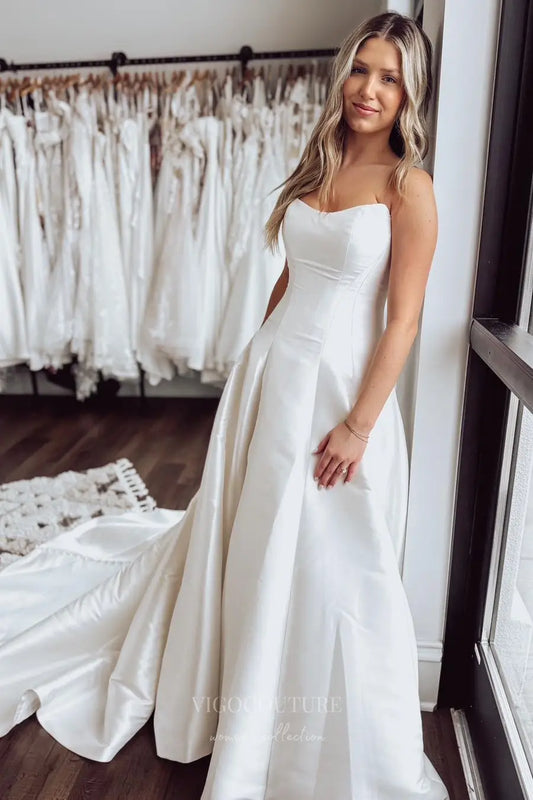 Elegant Satin Strapless Ball Gown Wedding Dress with Optional Pearl Tulle Sleeves & Button Back – W2616