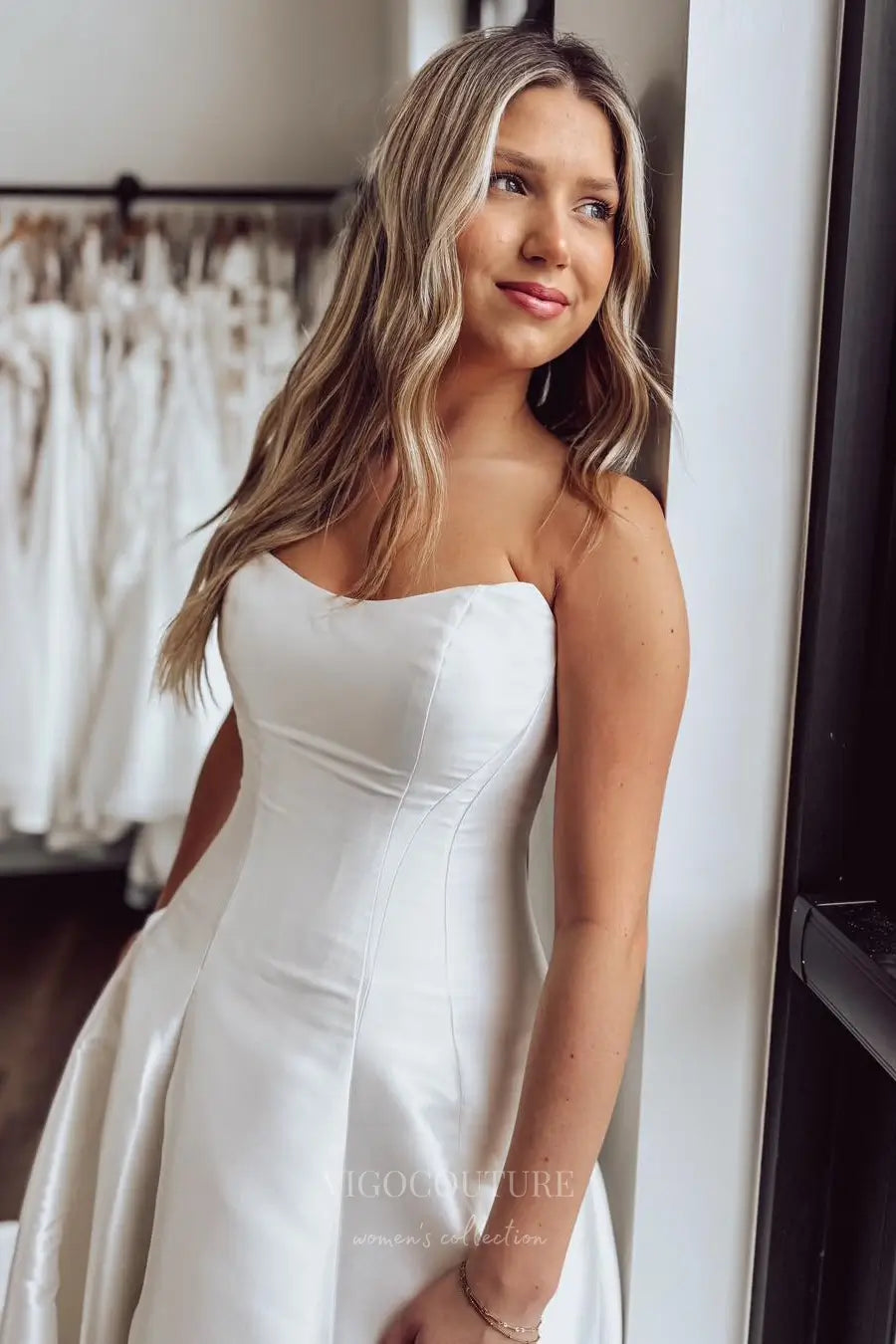 Wedding Dresses 2025 to impress Elegant Satin Strapless Ball Gown Wedding Dress with Optional Pearl Tulle Sleeves & Button Back – W2616-vigocouture-vigocouture