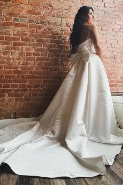 Wedding Dresses 2025 to impress Elegant Satin Strapless Wedding Dress with Pearl Embellished Neckline, Bow Back, Pockets and Button Train – W2362-vigocouture-vigocouture