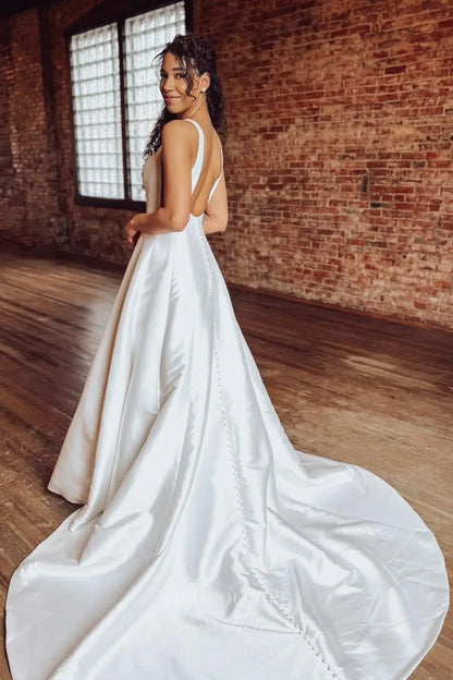 Wedding Dresses 2025 to impress Elegant Square Neck Satin A-Line Wedding Dress with Low Back, Wide Straps & Chapel Train – W2610-vigocouture-vigocouture