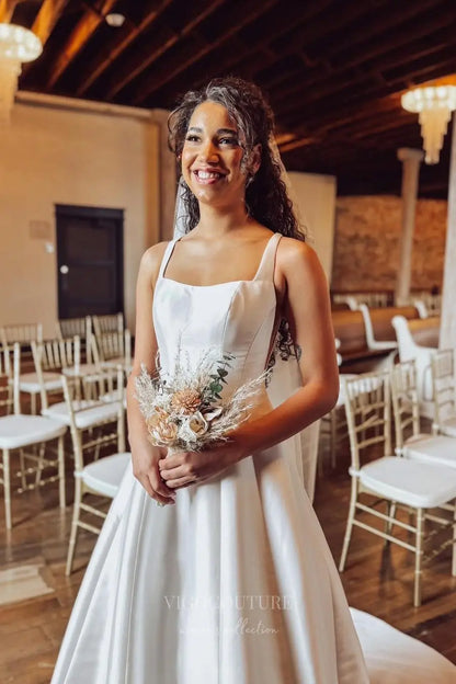 Wedding Dresses 2025 to impress Elegant Square Neck Satin A-Line Wedding Dress with Low Back, Wide Straps & Chapel Train – W2610-vigocouture-vigocouture