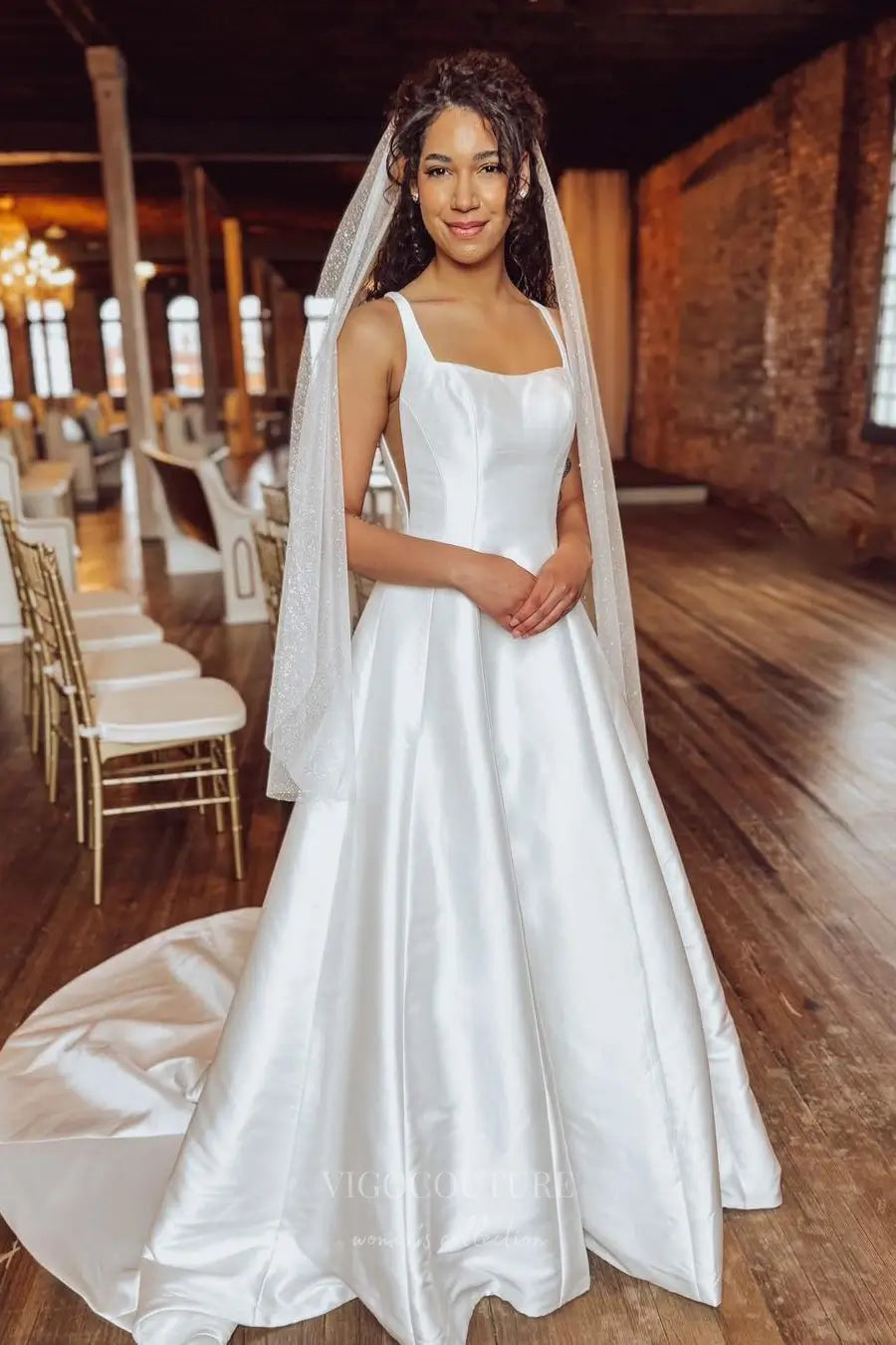 Elegant Square Neck Satin A-Line Wedding Dress with Low Back, Wide Straps & Chapel Train – W2610