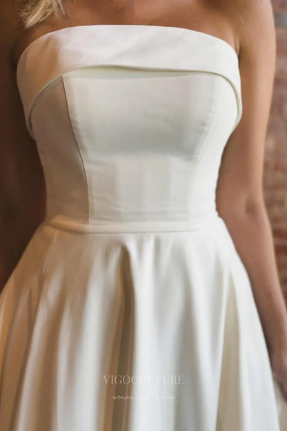 Wedding Dresses 2025 to impress Elegant Strapless Satin A-Line Wedding Dress with Fold-Over Neckline, Pockets & Button-Back Train – W2612-vigocouture-vigocouture