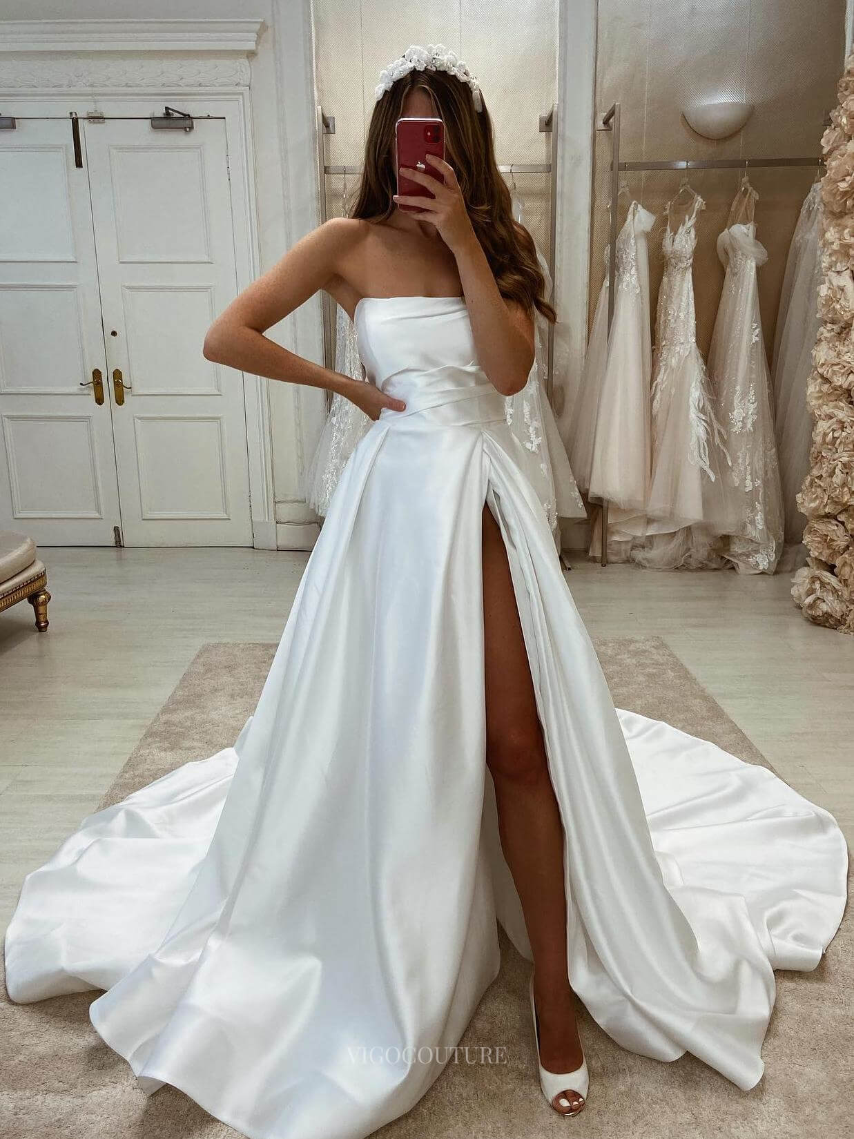 Elegant Strapless Satin Wedding Dress with Slit Minimalist Outdoor Bridal Gown W0153-Wedding Dresses-vigocouture-Ivory-US2-vigocouture