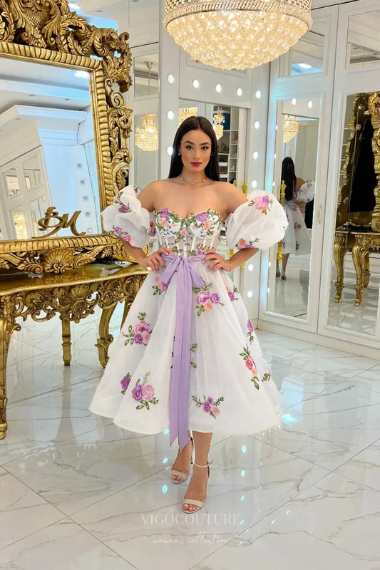 Enchanted Floral Embroidered Midi Wedding Dress with Off-Shoulder Puff Sleeves & Sheer Corset Bodice – W2626